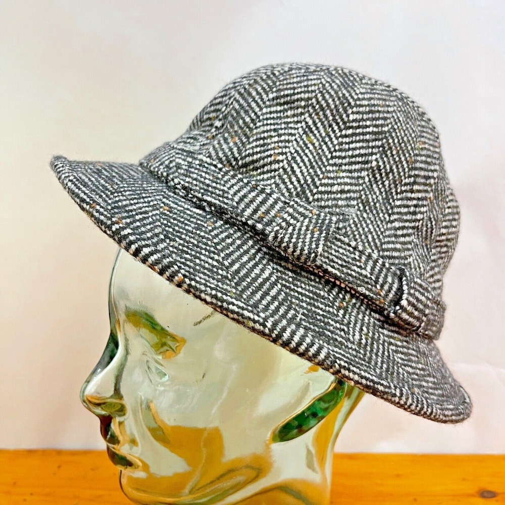 Dorfman Pacific Mens Scala Tweed Herringbone Fedora Hat Large Black White Gray‎